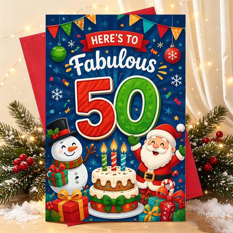 품목 사진 1개 크리스마스 인사말 카드, 50번째 생일을 축하하는 크리스마스 테마 인사말 카드 (성인용), 축제 행사 및 선물용으로 이상적