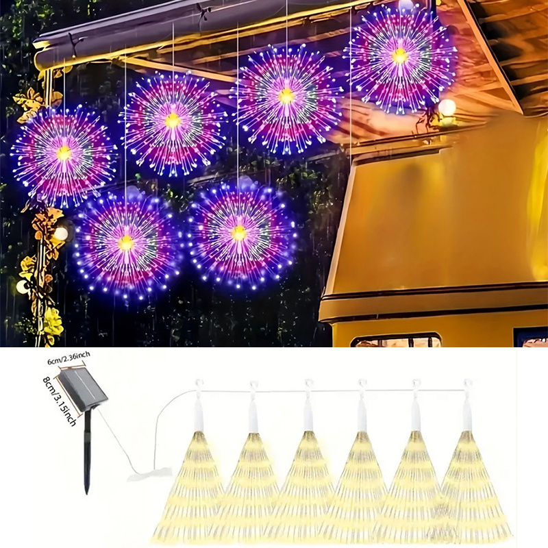 Image of 100led X 6pcs - Solar Powered Outdoor Firework Lights, Sparkling Starburst Sphere Lights, 8 Copper Wire Fairy Lights For Patio, Umbrella, Eave, Garden, Tree, Tent, Christmas Decoration