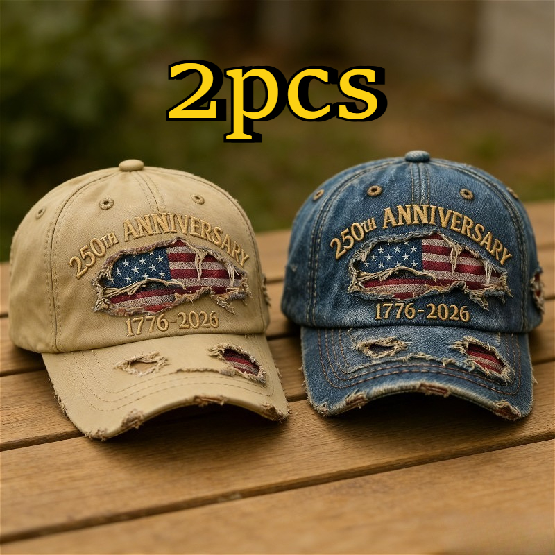 TEMU Set Of 2 Distressed Denim Baseball Caps With Embroidery, Suitable For Couples, , . Adjustable Patriotic Baseball Hats