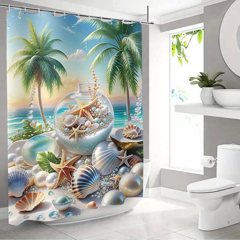 TEMU 2d Flat, Jit1pcs Light Color Classic Beach Pattern 2d Curtain, Bathroom Curtain Shower Curtain, Shower Curtain Home Decoration Pattern,