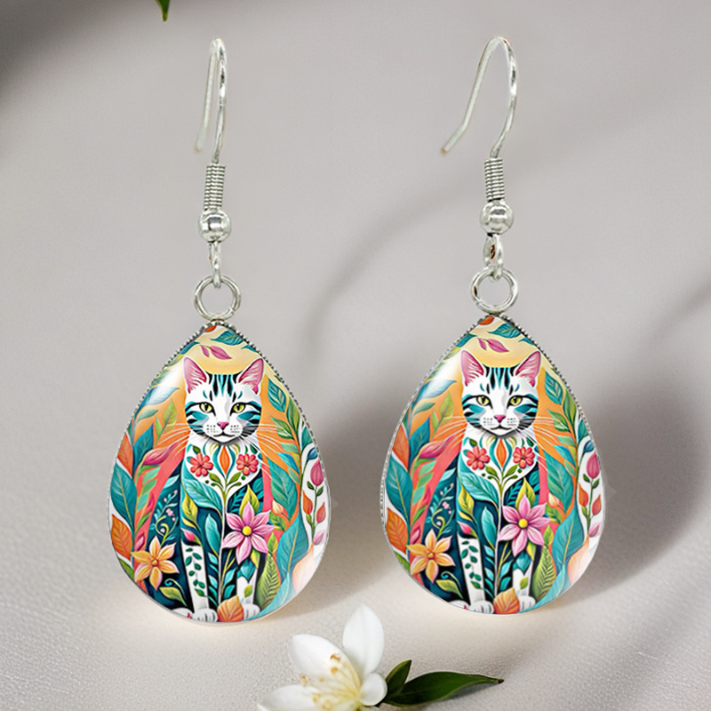 TEMU 1 Pair Cats With Flower Tattoos Painted Patterns Tear Drop Glass Cabochon Hook Earrings, Fashionable Unisex Earrings Jewelry Gifts