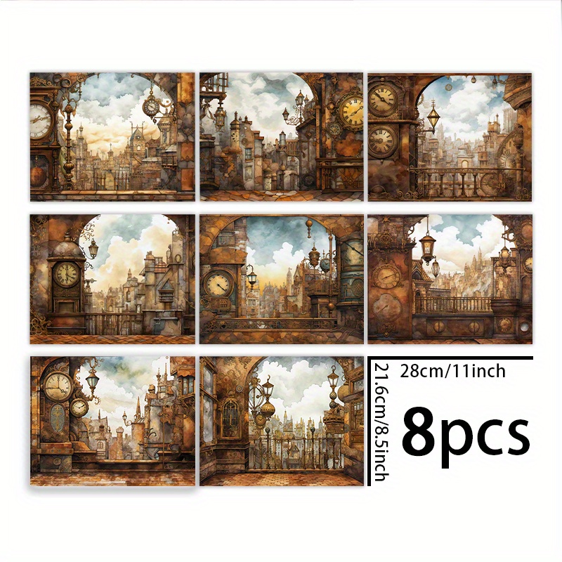 TEMU 1 Set Of 8 Sheets (11*8.5 Inches) Vintage Steam City Background Material For Decoration, Diary, Junk Journal, Greeting Card, Planner, Background