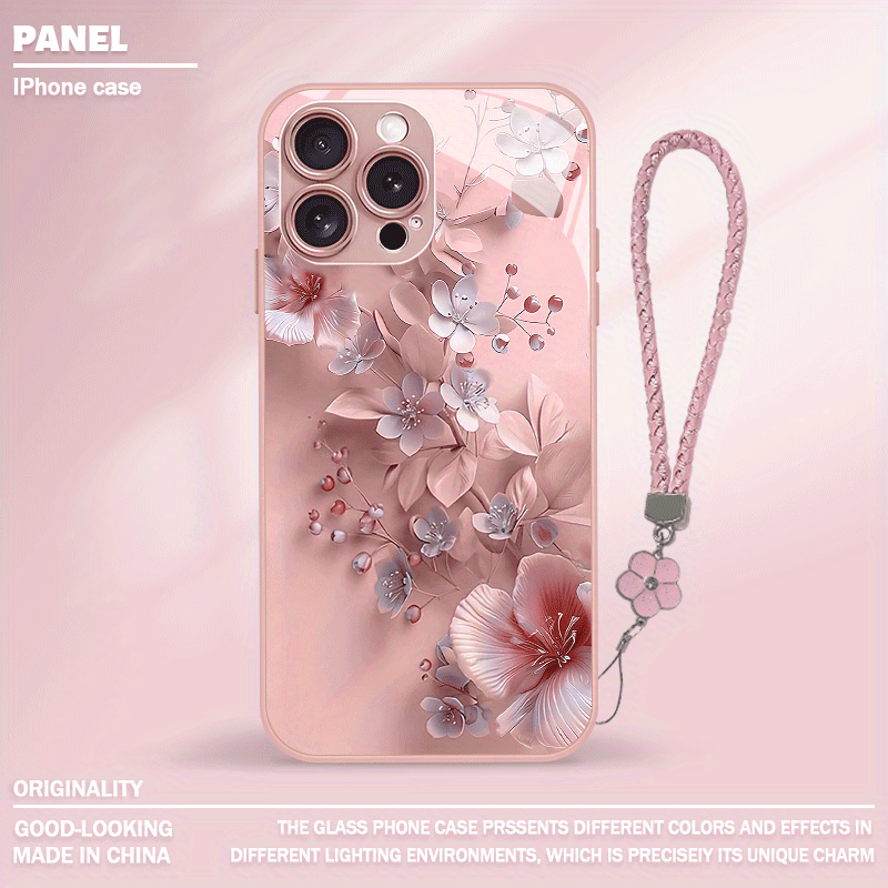 TEMU Phone Case: Stylish And Elegant Flower Tempered Glass Phone Case With Lanyard For Iphone 16/16 Plus/16 Pro/16 Pro Max/ Plus/15 Pro/15 Pro