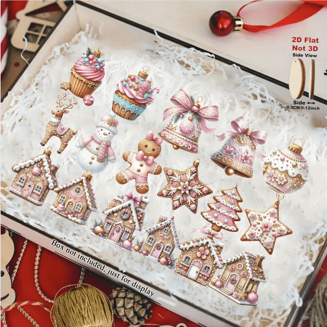 TEMU 2d Flat, 17pcs Christmas Pink Gingerbread House Ornaments - Wall Hanging Decor For Christmas, Halloween, Thanksgiving, - Versatile For Home,