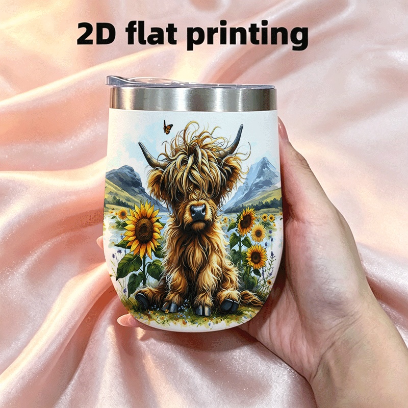 TEMU The Capacity Is 360ml/12oz Coffee Cup 304 Stainless Steel Travel Mug 2d Flat Printing Fluffy Highland Cows Sit Sunflowers, With Mountains And