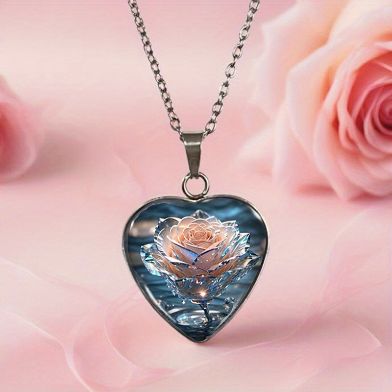 Men's Heart-shaped Necklace With Flower Pattern In Water, Glass Jewelry Accessory
