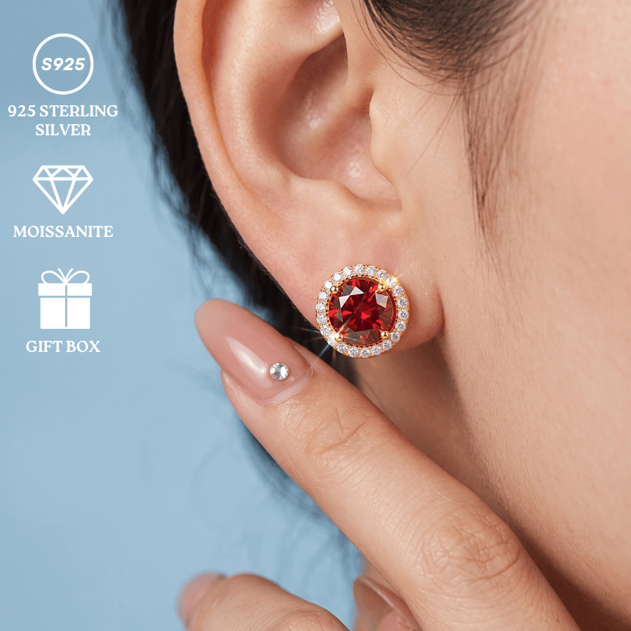 Elegant 925 Silver Round-shaped Golden Studs Earrings with Red Zirconia