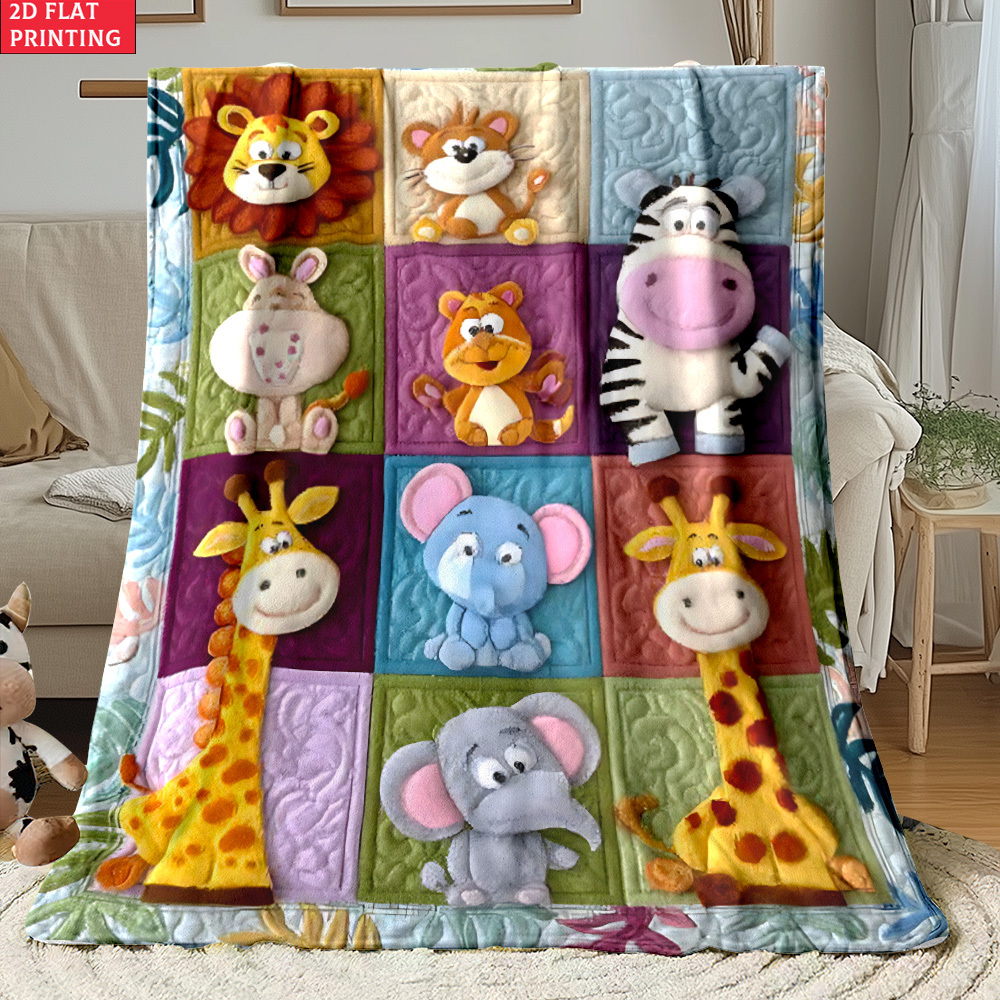 TEMU 1pc Animal Pattern Blocks 2d Flat Printed Outdoor Blanket - Lightweight Flannel Suitable For Camping, Picnic, Hiking, , Airplane, Bedroom,
