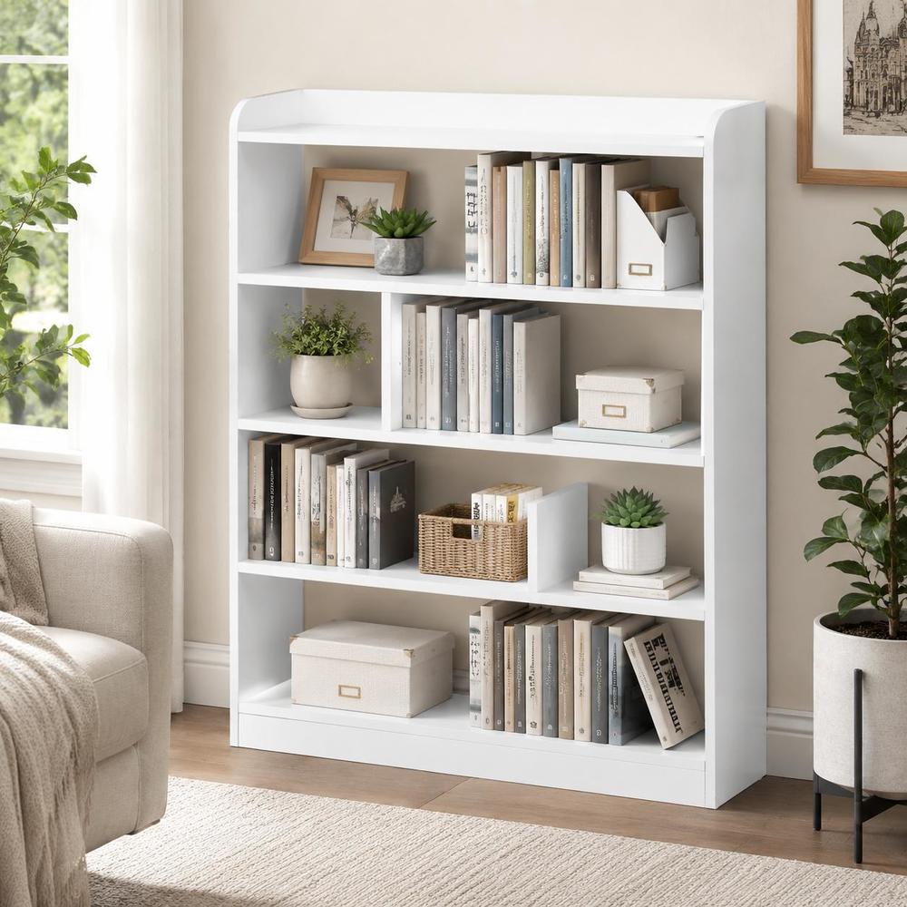 Image of White 4-tier Bookshelf Storage Rack 90x24x91 Cm Particle Board Shelf With Back Panels For Living Room Bedroom Office Organization