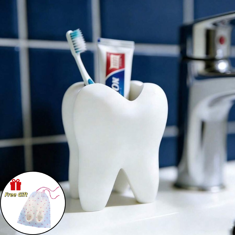 TEMU 1pc Toothbrush Holder And 1pc Pouch, Tooth-shaped Storage Tube Creative Tooth-shaped Toothbrush And Toothpaste Organizer Multifunctional Desktop
