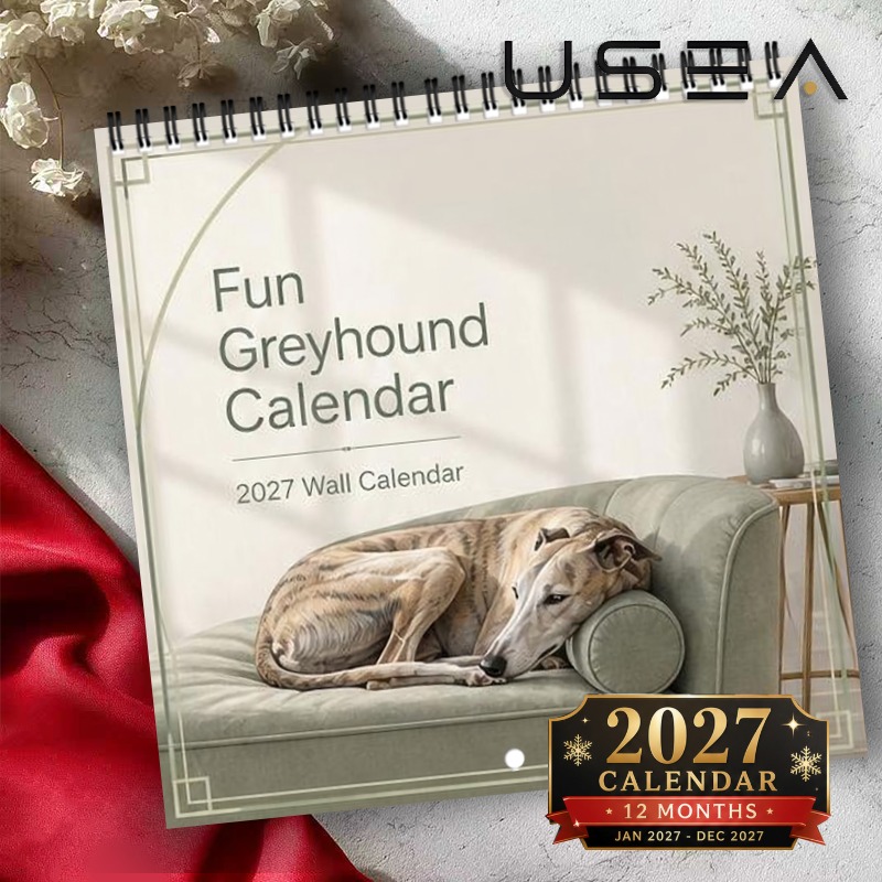 TEMU 2027 Wall Calendar 2027 Fun Greyhound Wall Calendar, 12-month Hanging Square Calendar With Twin Wire Spiral Binding, Large Blocks, Aesthetic