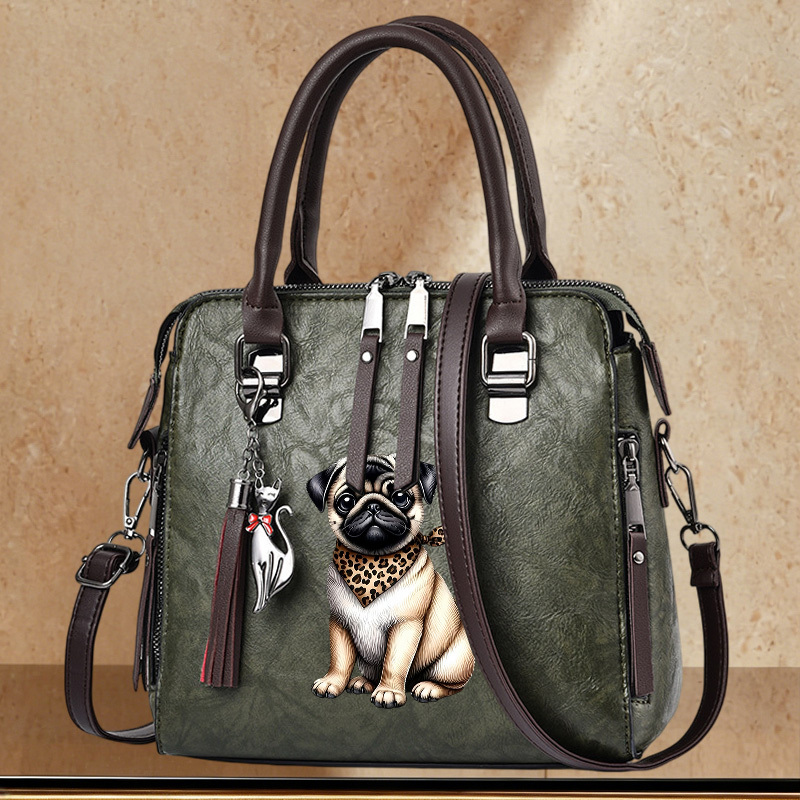 TEMU 1pc Women's Shoulder Bag With Pug Dog Print - Adjustable Crossbody Handbag, Top Handle Purse Suitable For Daily Work Travel, Zipper Closure &