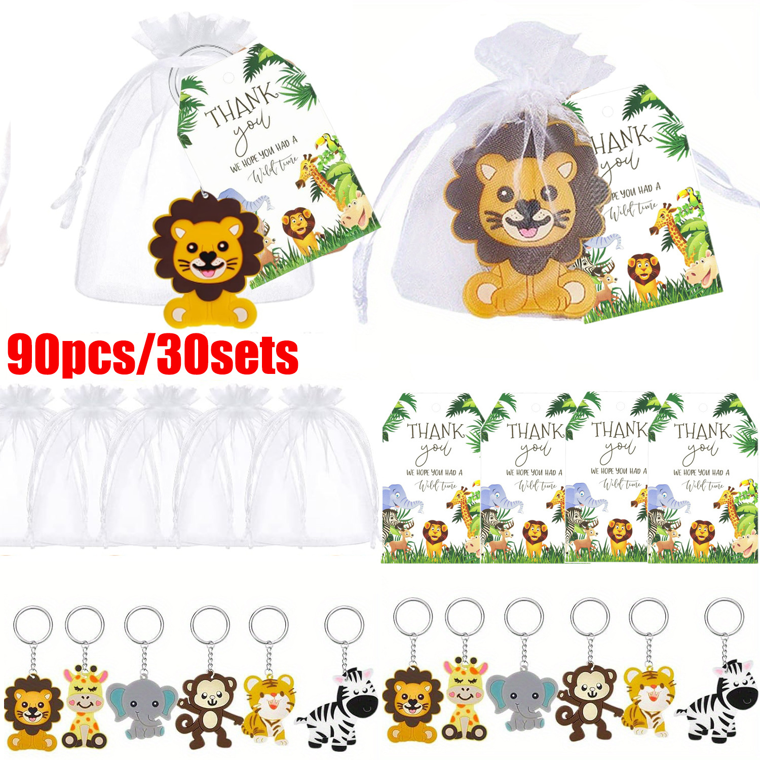 Image of Gift For Her/him 90pcs/30guests Party Favors Gifts Sets Cute Jungle Animal Keychains Gifts Bulk Thank You Tags With Organza Bags For Shower Souvenirs Zoo Birthday Party Gifts Christmas, Halloween