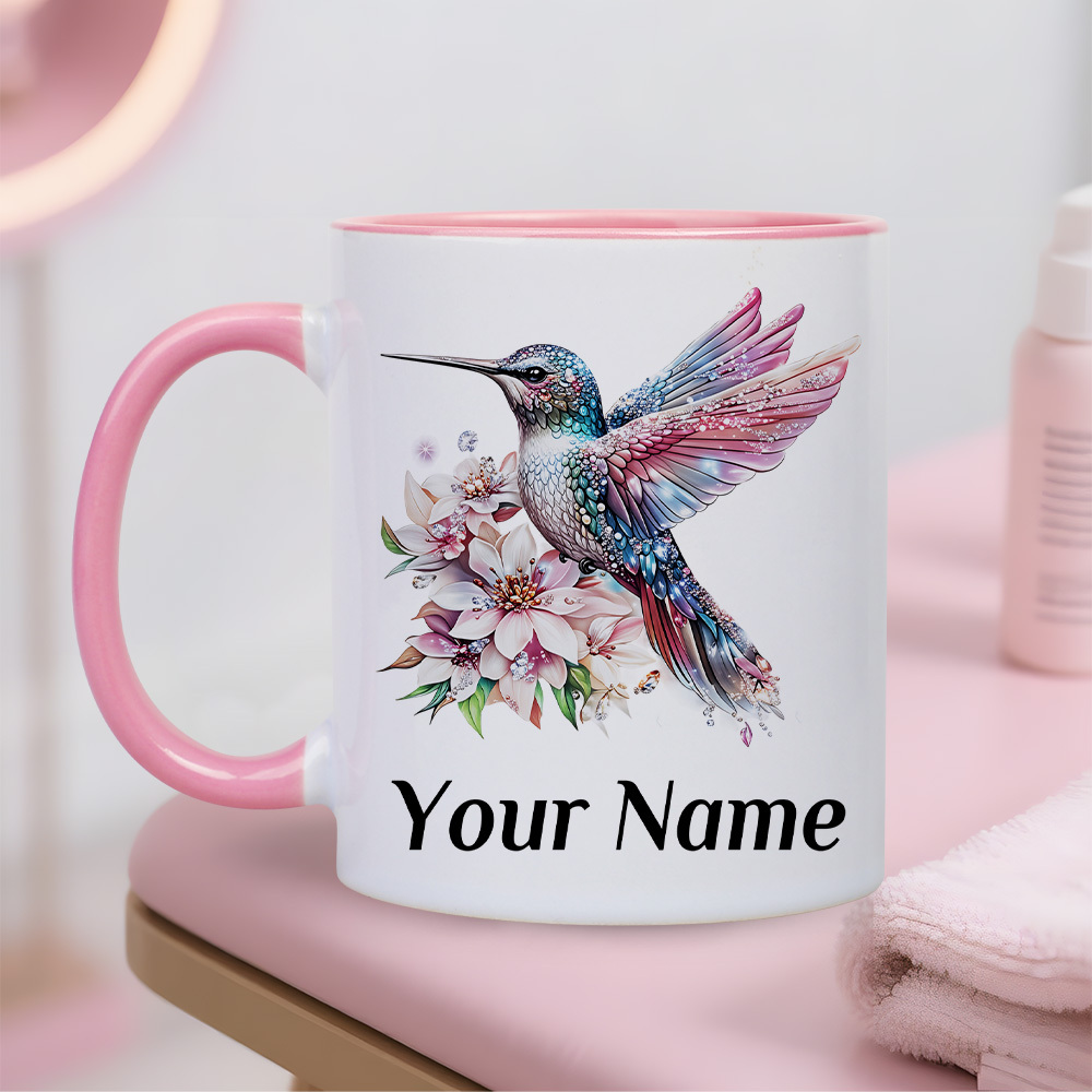 TEMU [luxury Female Personalized Cup] 1pc, 11oz, Custom Name Glitter Hummingbird Watercolor Floral Ceramic White Coffee Mug/tea Cup. Printed With