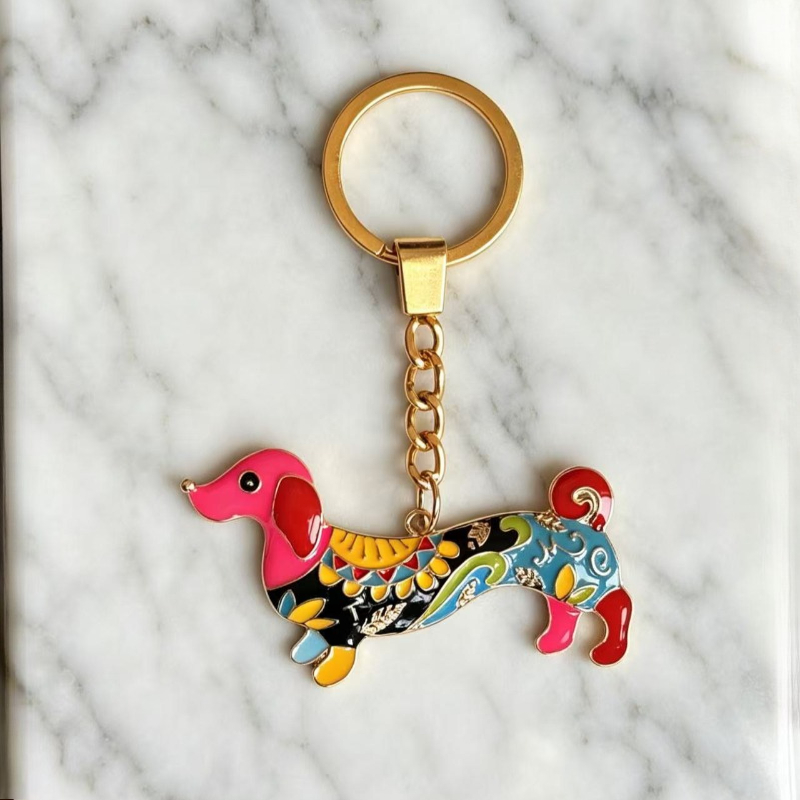 TEMU Personalized Colorful Enamel Oil Drip Dachshund Male And Female Car Keychain Pendant Gift For Dog Lovers, Mother's Day And Father's Day Gifts,