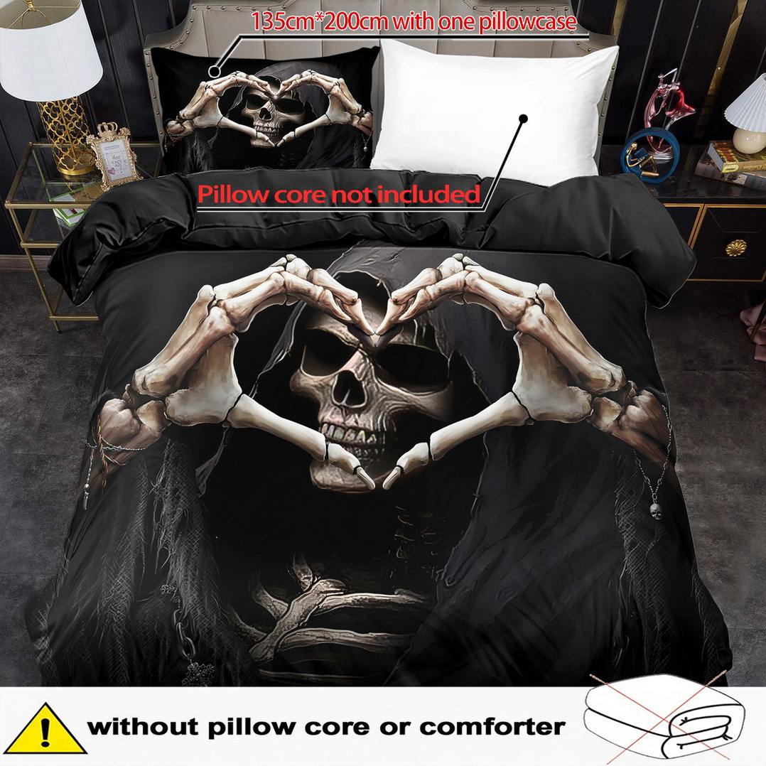 E-shop 2/3-teiliges Bettbezug-Set, Bettbezug-Set mit Herz-Totenkopf-Druck, Bettwäsche im King- Queen-Size-Stil, maschinenwaschbares Polyester,