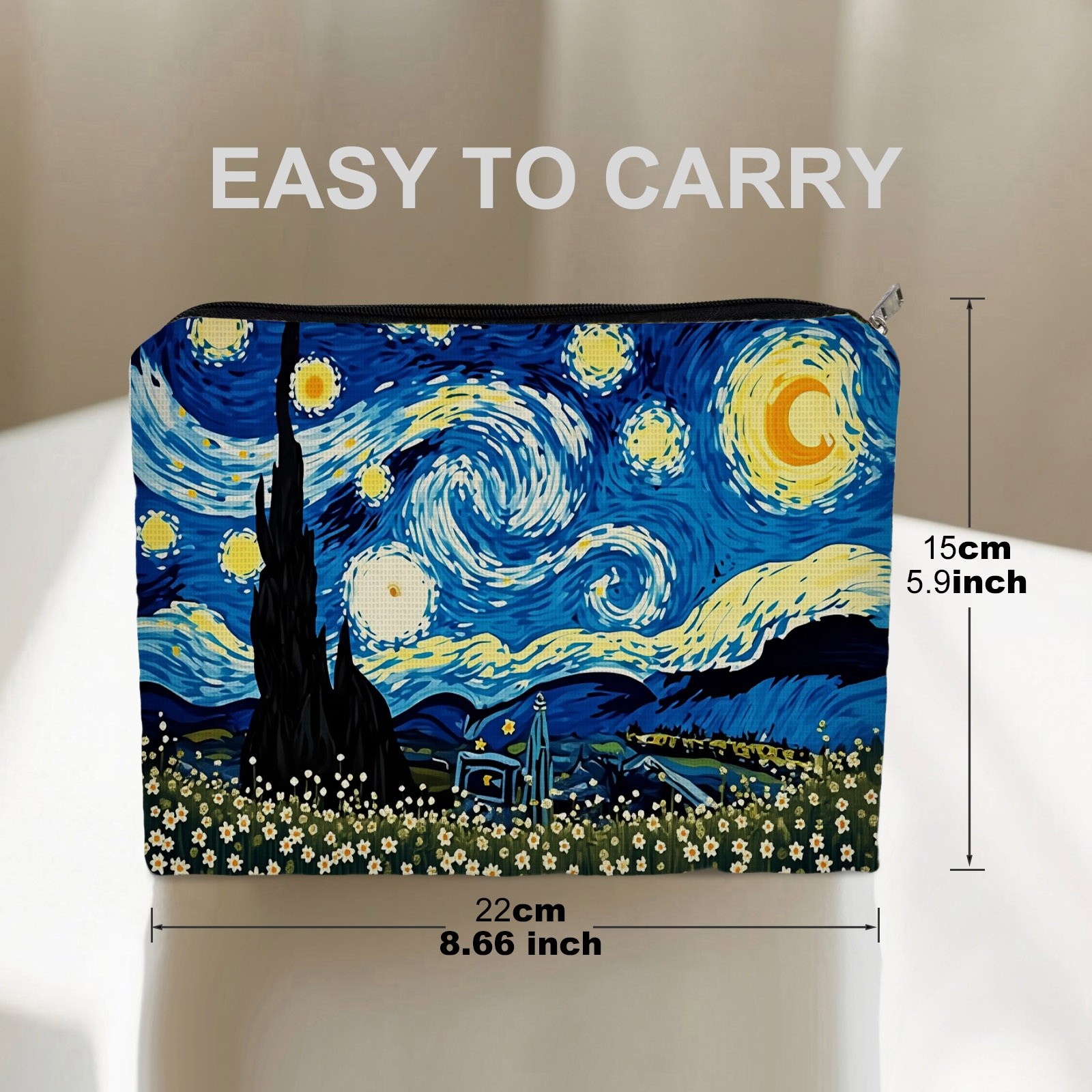 TEMU Trousse de maquillage à imprimé vibrant La Nuit étoilée de Van Gogh, design élégant double face, pochette à cosmétiques en polyester durable de