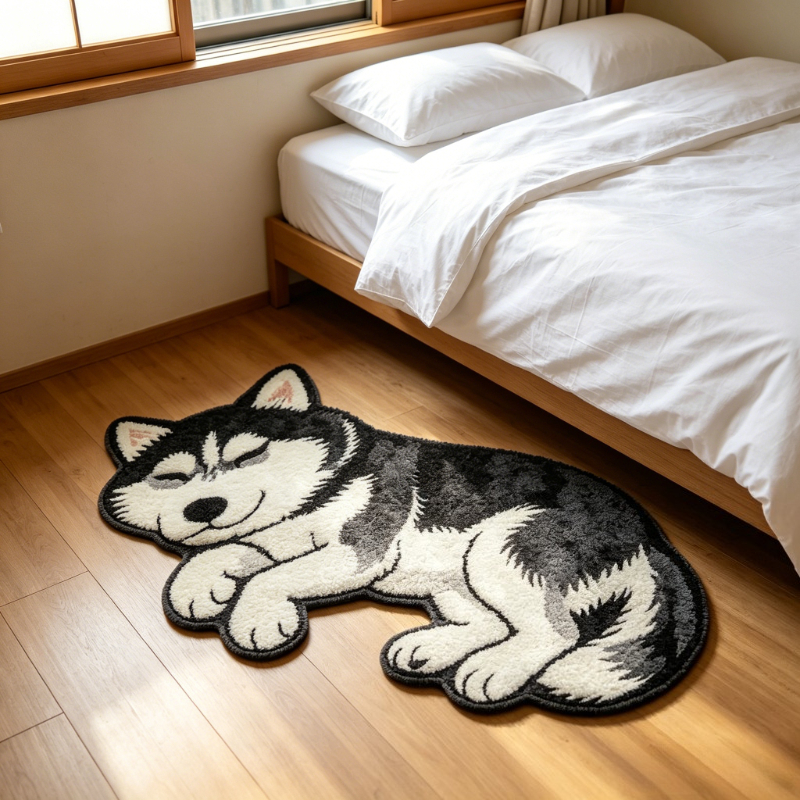 TEMU Velvet +900g +9mm 2d Flat Thin Pile 3d Effect, Not Long Pile, Ins Cute Style Black Husky Up Shape Bedroom Bedside Decorative Rug, Animal Theme