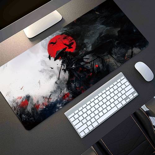 1pc extended gaming mouse pad and pc desktop keyboard mat red sun flying bird samurai drawing sword pattern laptop protective mat study desk mat durable non slip base hd printing multiple sizes xl xxl suitable for home