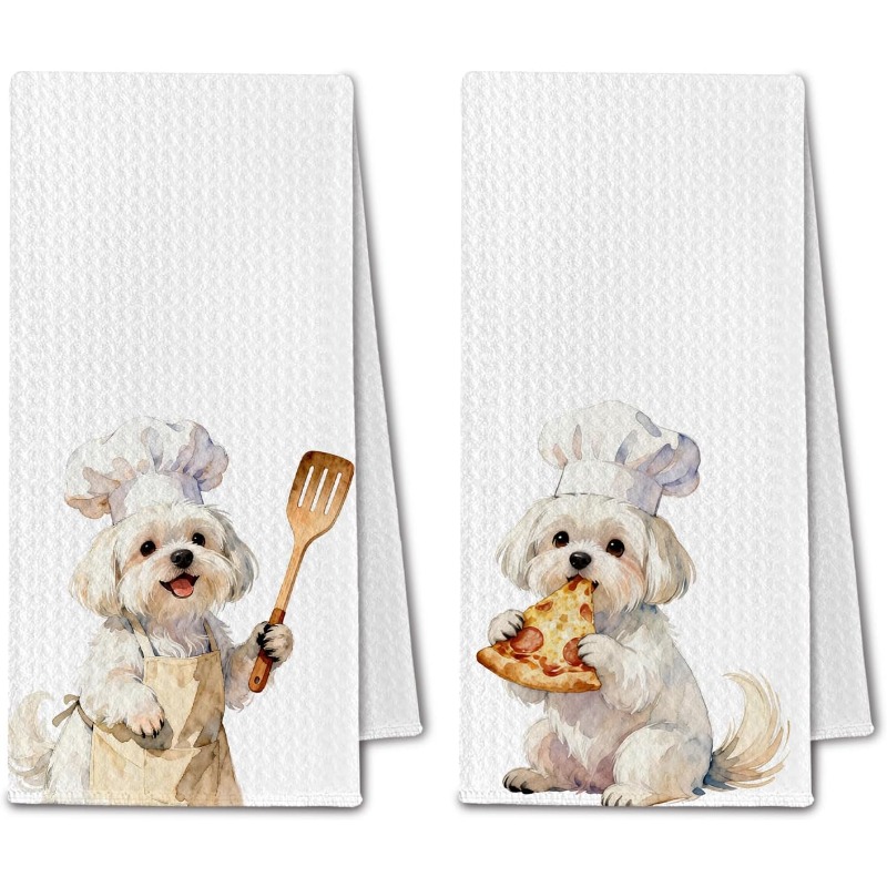 TEMU Cleaning Cloth 2pcs Kitchen Towel, Fun Maltese Dog Towel, Suitable For Bathroom, Maltese-themed Dish Towel With Maltese Puppy Print, Decorative