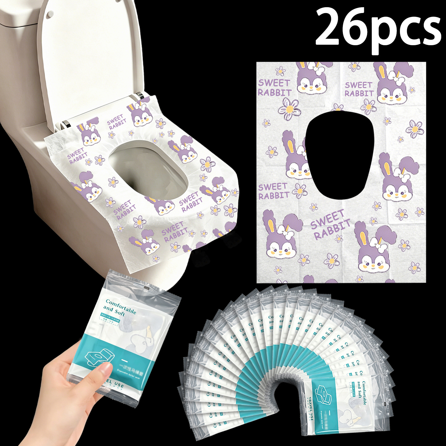 TEMU 26pcs Themed Disposable Toilet Seat Covers - Cute Rabbit And Design, Non-woven Fabric + Pe Film Double Protection, Portable Toilet Seat Covers,