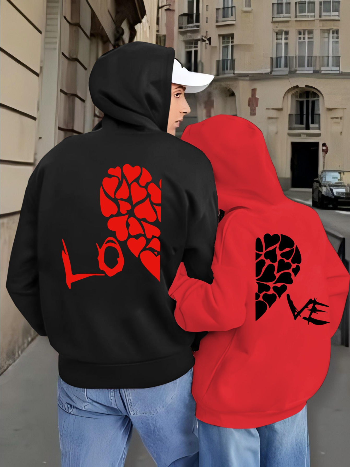 1pc Matching Couple Hoodie Jacket His Hers Black/Red Split LOVE Letter  Print with Heart Cutouts, Long Sleeve Zip-Free Hooded Sweatshirt for