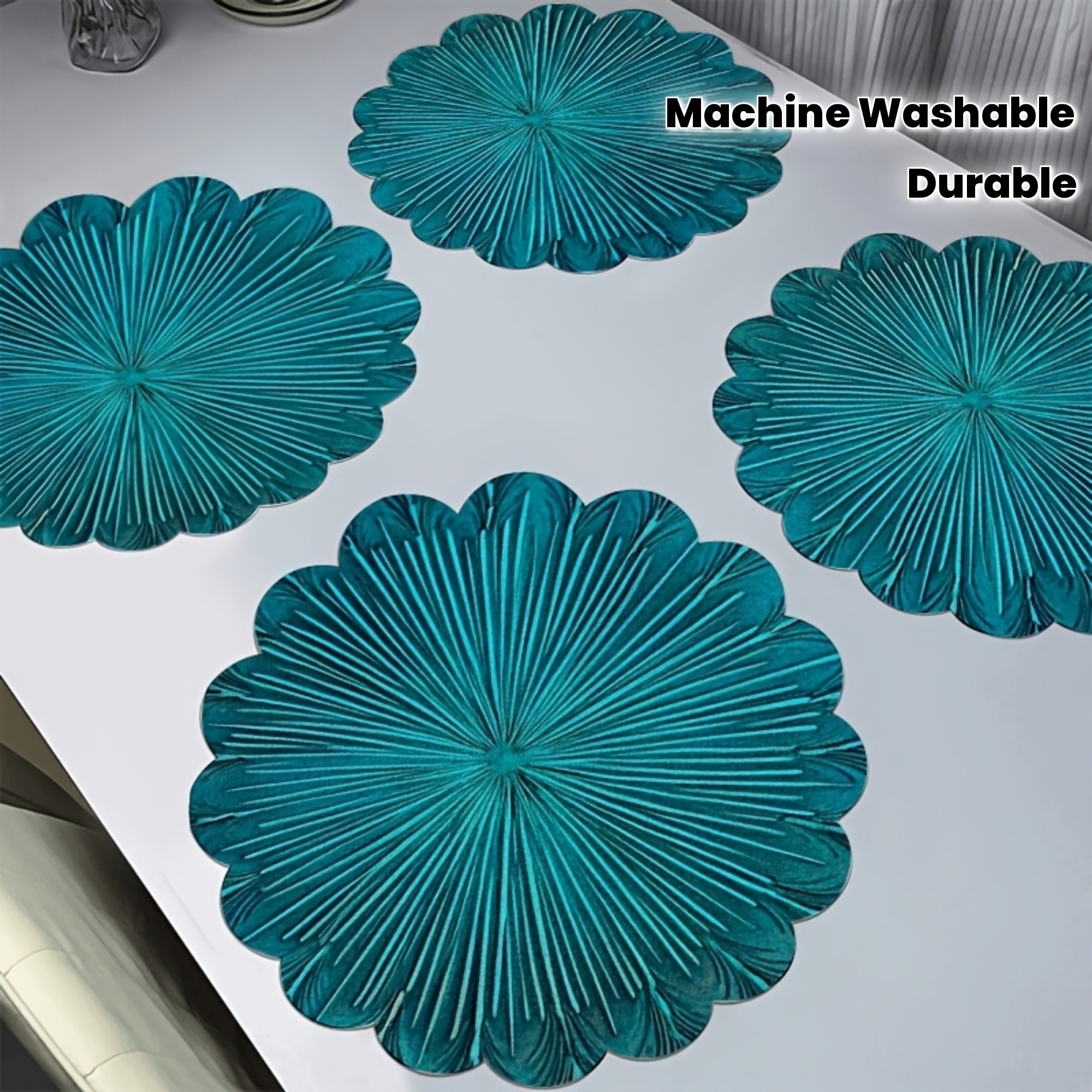 TEMU 4pcs Bohemian Style Round Placemats - Vibrant Turquoise Floral Pattern, Durable Table Mats, Machine Washable, Elegant Tableware For Kitchen,