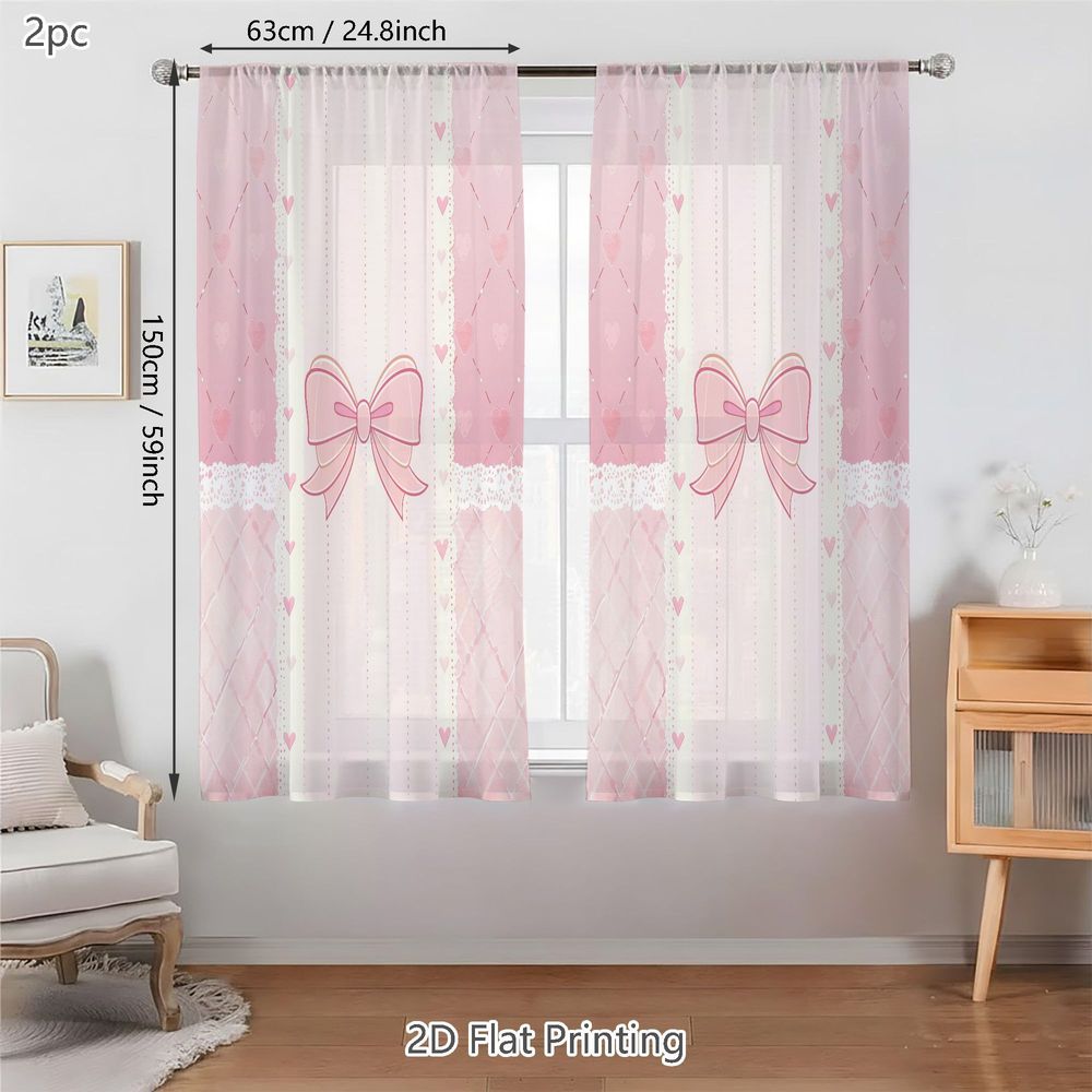 TEMU 2d Flat, 2pcs Spring Summer Small Sheer Curtains, Pink Themed Decorative Sheer Curtains With Quilted Hearts And Stripes, Perfect For Living