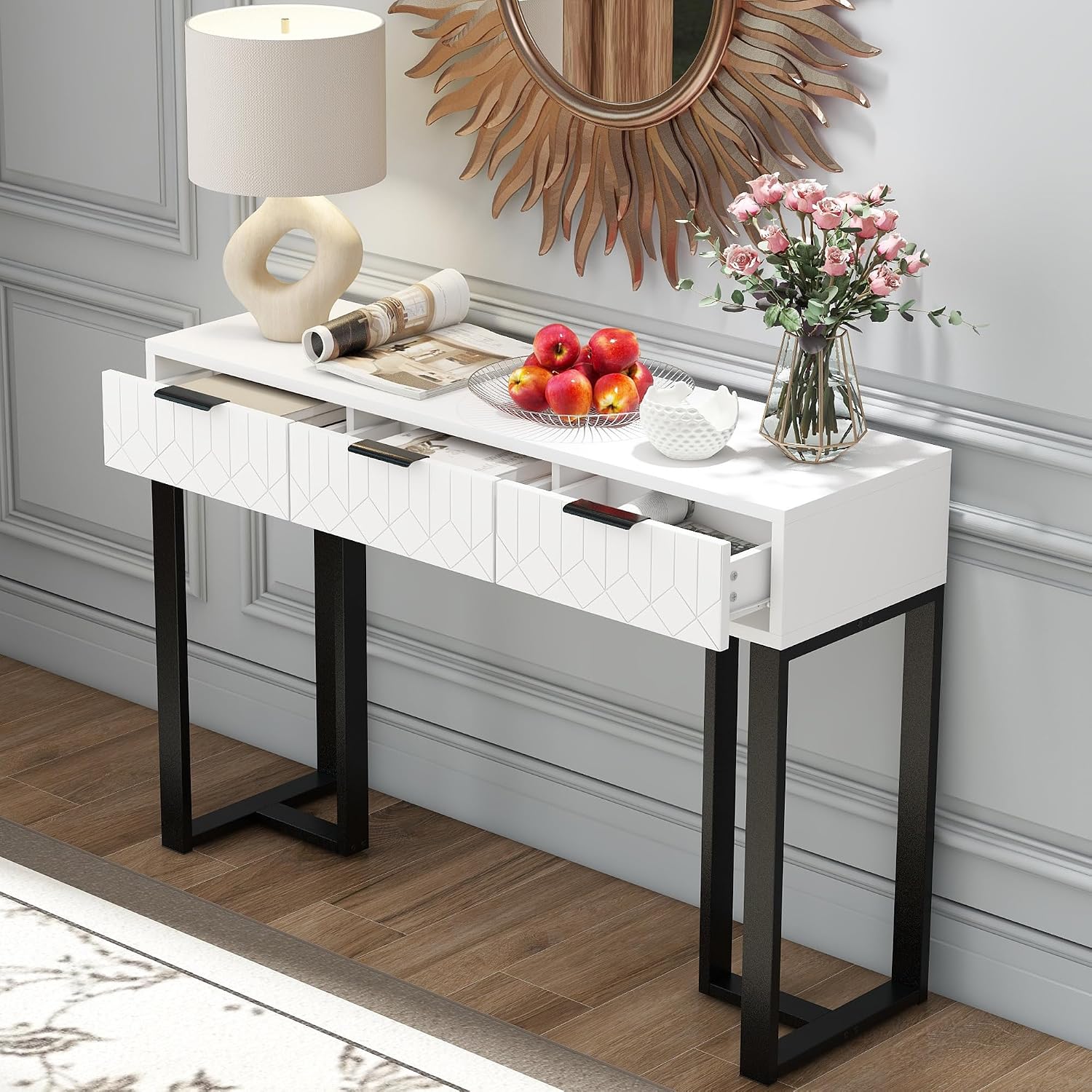 Image of Hallway Table, Hallway Table With 3 Drawers, Narrow Side Table, 120 X 36 X 80cm, Coffee Table With Adjustable Legs, Sideboard (golden) Suitable For , Bedrooms, Living Rooms And Entrance