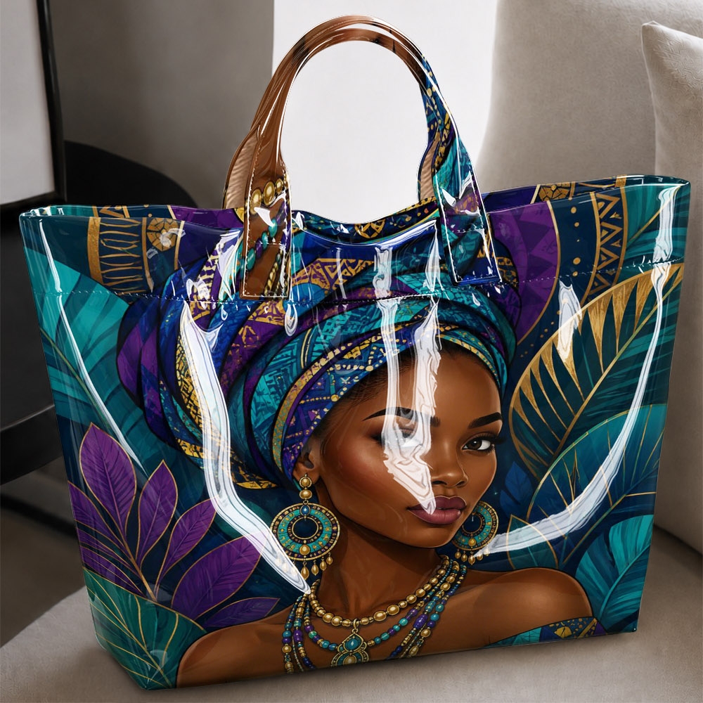 Image of Tote Bag Featuring A Tropical Leaf And Portrait Print; A Spacious Handbag In Jewel Tones Of Blue And Purple-perfect For Vacations, Poolside Lounging, Travel, Artistic Outfits, And Daily