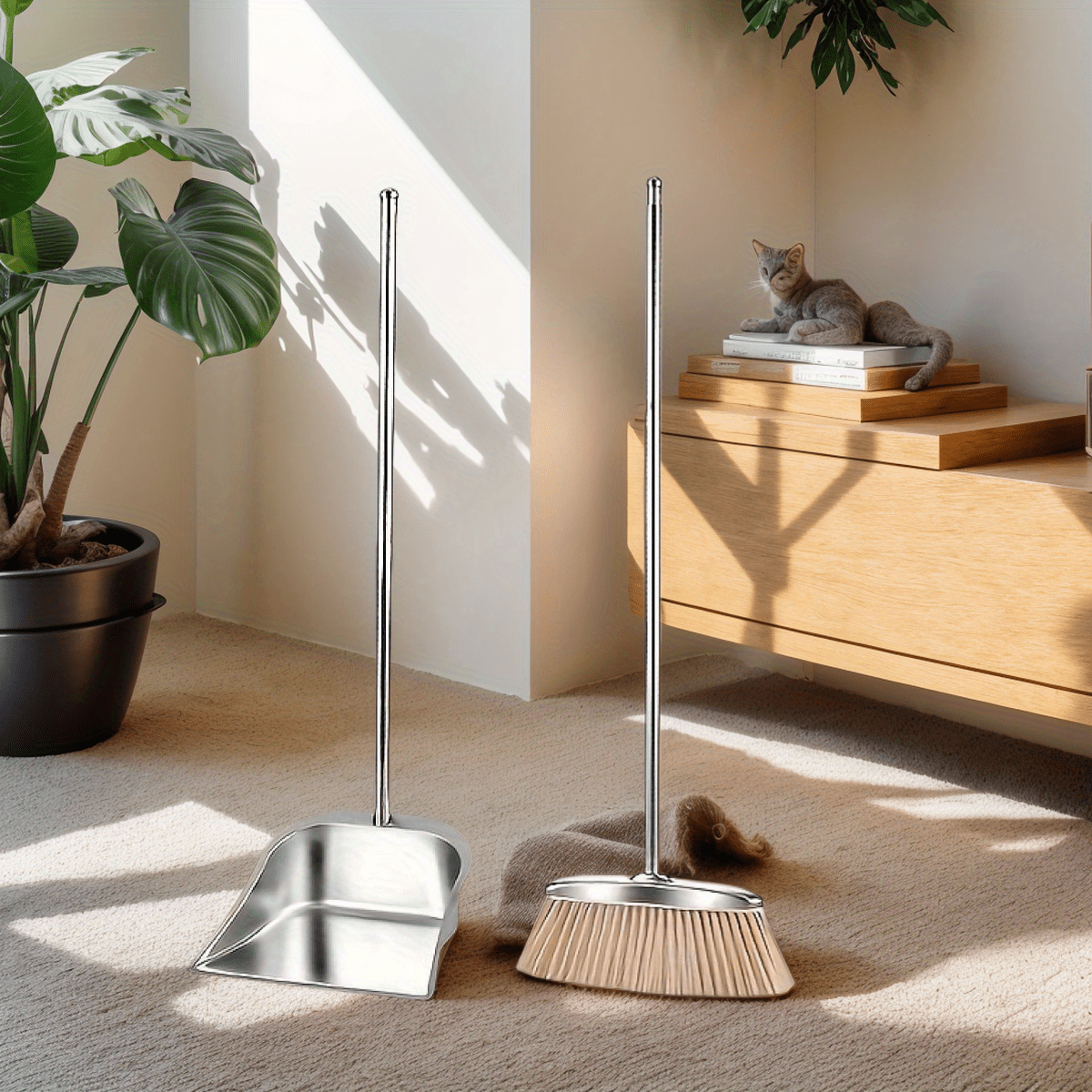 durable stainless steel broom and dustpan set with slant     cleaning combo for home office and school   hard floor surface practical cleaning tools modern broom design stainless steel construction broom and dustpan set Product details 4
