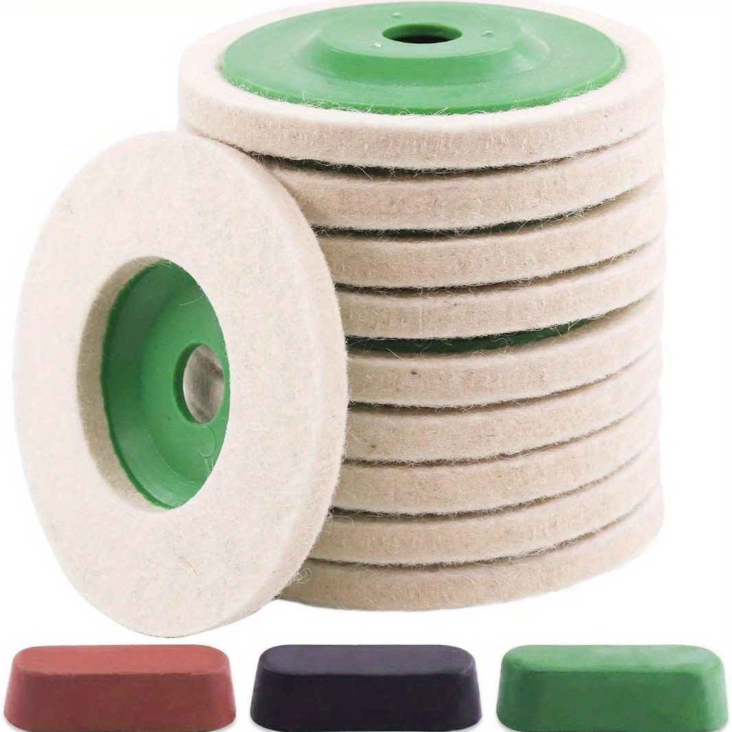 TEMU 10 Sets Of 12.7cm Wool Felt Polishing Wheels With 3 Polishing Pastes, Angle Grinder Polishing Discs, Metal Circular Wool Felt Polishing Pads,