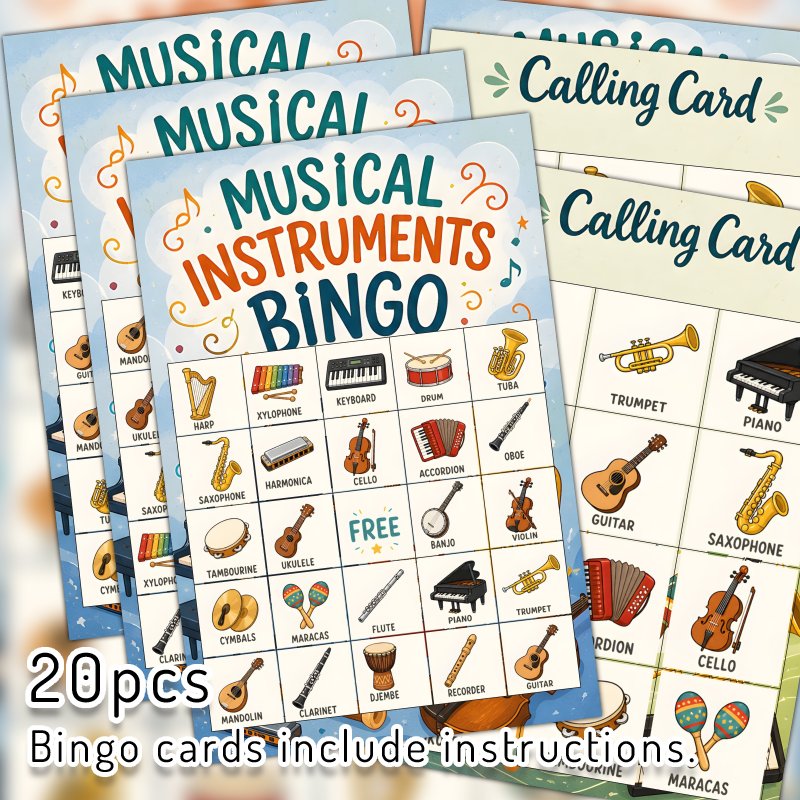TEMU 20pcs Cmd Bingo Cards, 20pcs Musical Instrument Bingo Game Piano And Guitar Themed Musical Bingo Cards Bingo Party Games Icebreaker Games For