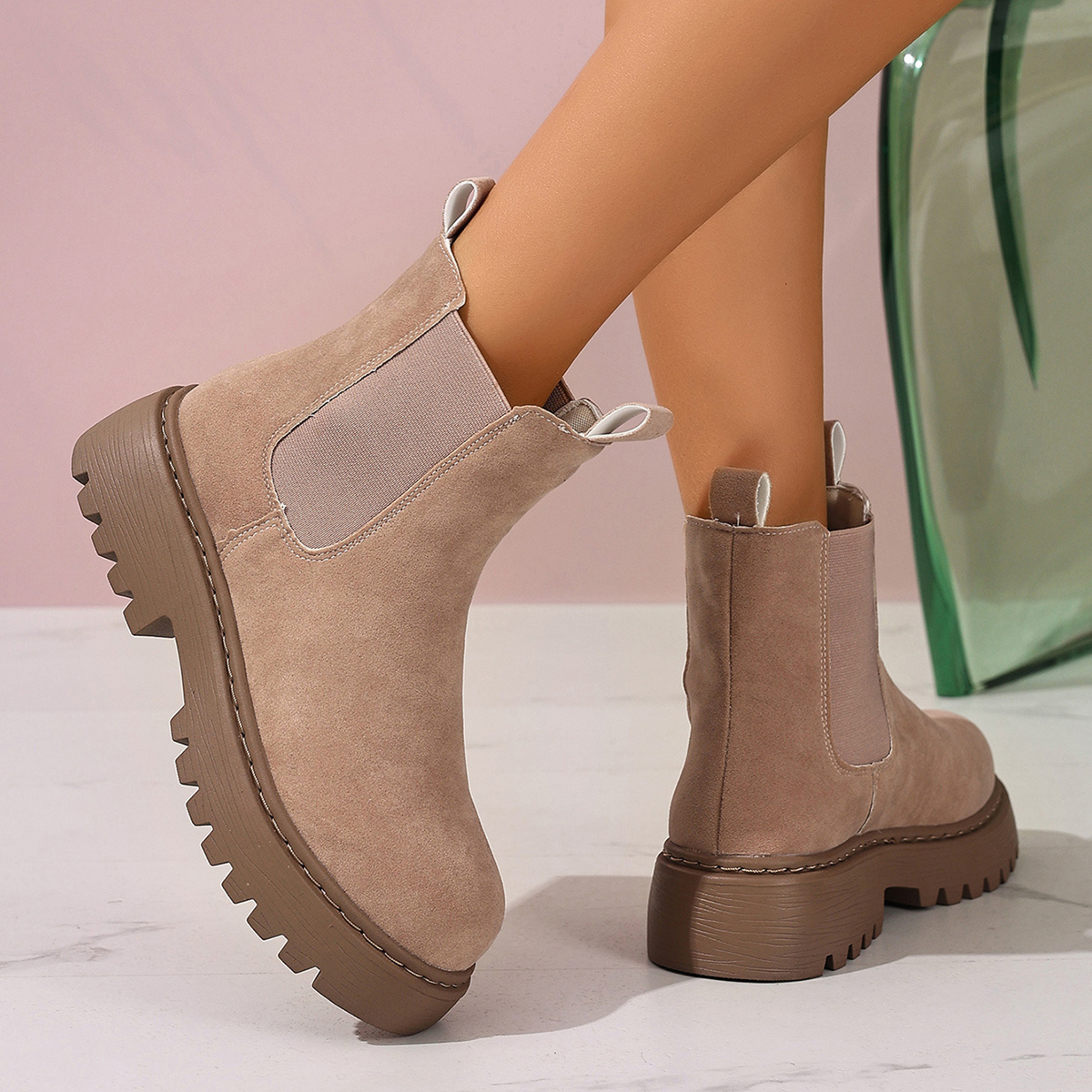 Women s Slip-On Chunky Platform Ankle Boots with Round Toe & Arch Support - Beige Fabric Upper, Cushioned Insole & Rubber Sole -   for Casual, Office & Casual Attire - Versatile Low-Maintenance Boots, Casual Footwear, Elegant Design, Durable Construction, Casual Wearers, Working Women