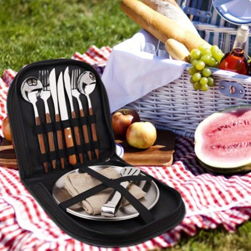 new wood grain handle tableware mess kit cutlery for 2 dinnerware set 12pcs stainless steel utensils set with plate spoon fork serrated knife cloth napkins for 2backpacking outdoor hiking picnic Product details 6