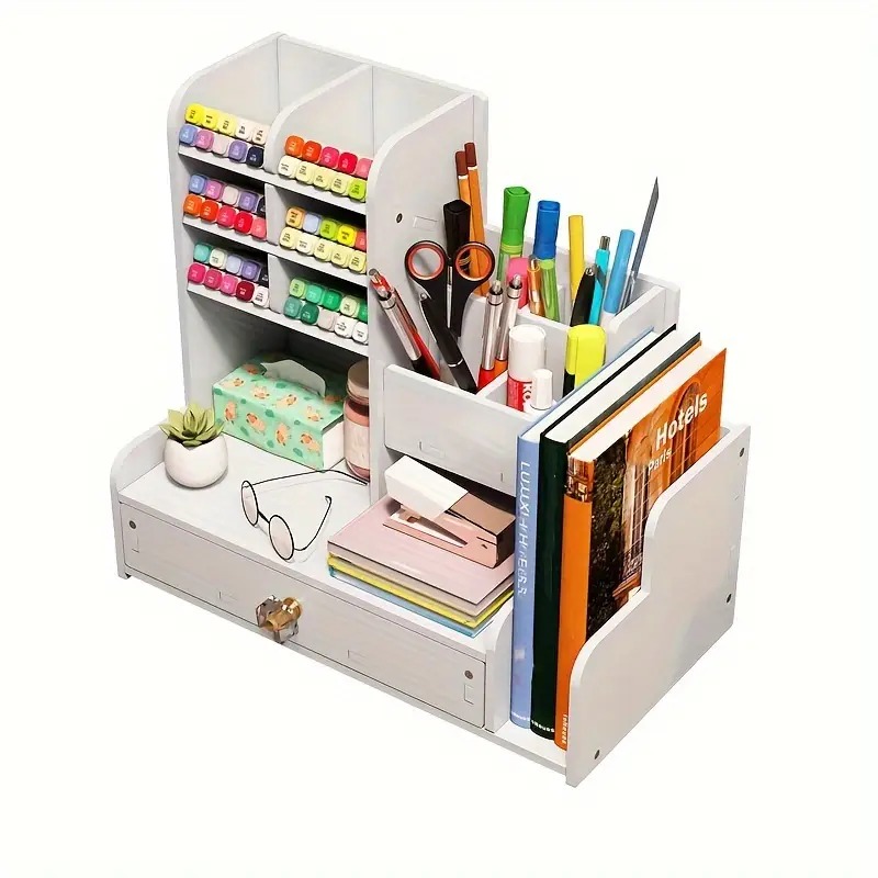 desktop pen storage solution featuring drawers and dual file holders ideal for organizing art supplies versatile for home office and educational use Product details 6