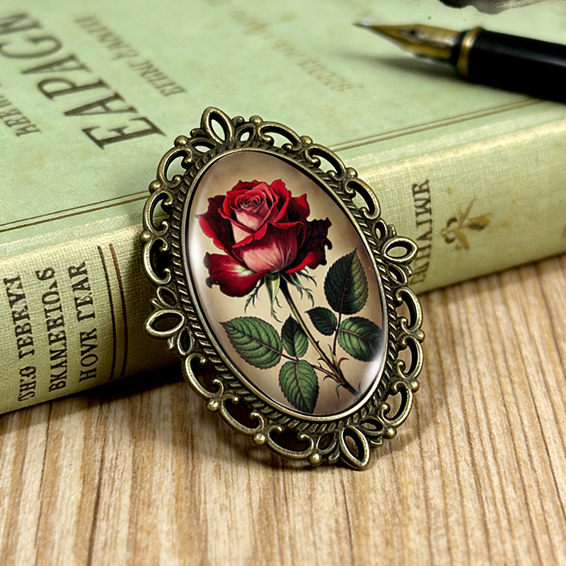 TEMU 1pc Beige Background Rose Brooch Oval Lace- Glass Brooches Clothing Backpack Accessory Ideal Gift