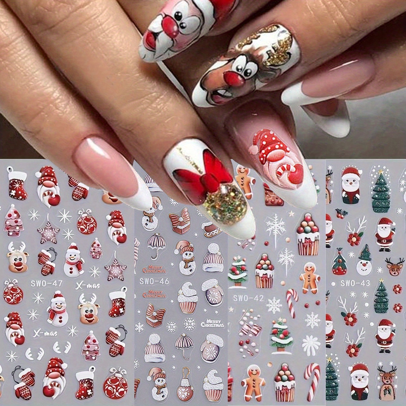 4pcs Self-adhesive Christmas Nail Art Stickers Suitable For - Santa, Snowman, Reindeer With Sparkling Snowflakes & Trees - Easy & Stick Decals For Holiday , Temporary Nail Decorations (plastic)