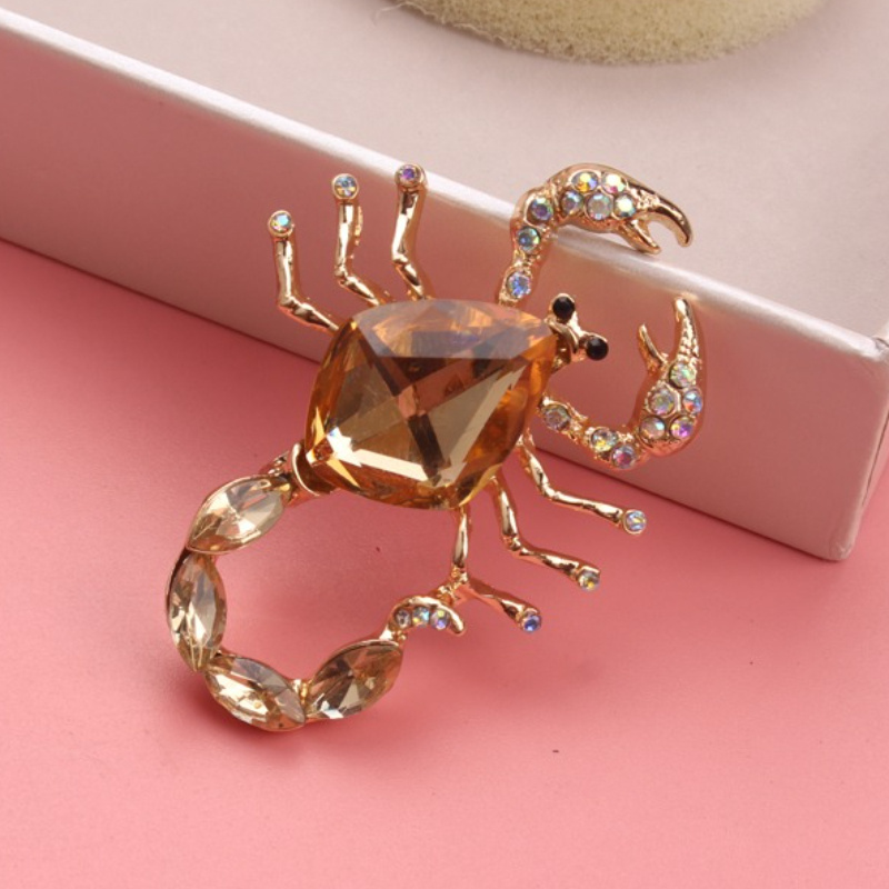 Shiny Rhinestone Brooch - Metallic Shape, Amber Main Stone. Unique Suit Accessory, Trendy Party Gift