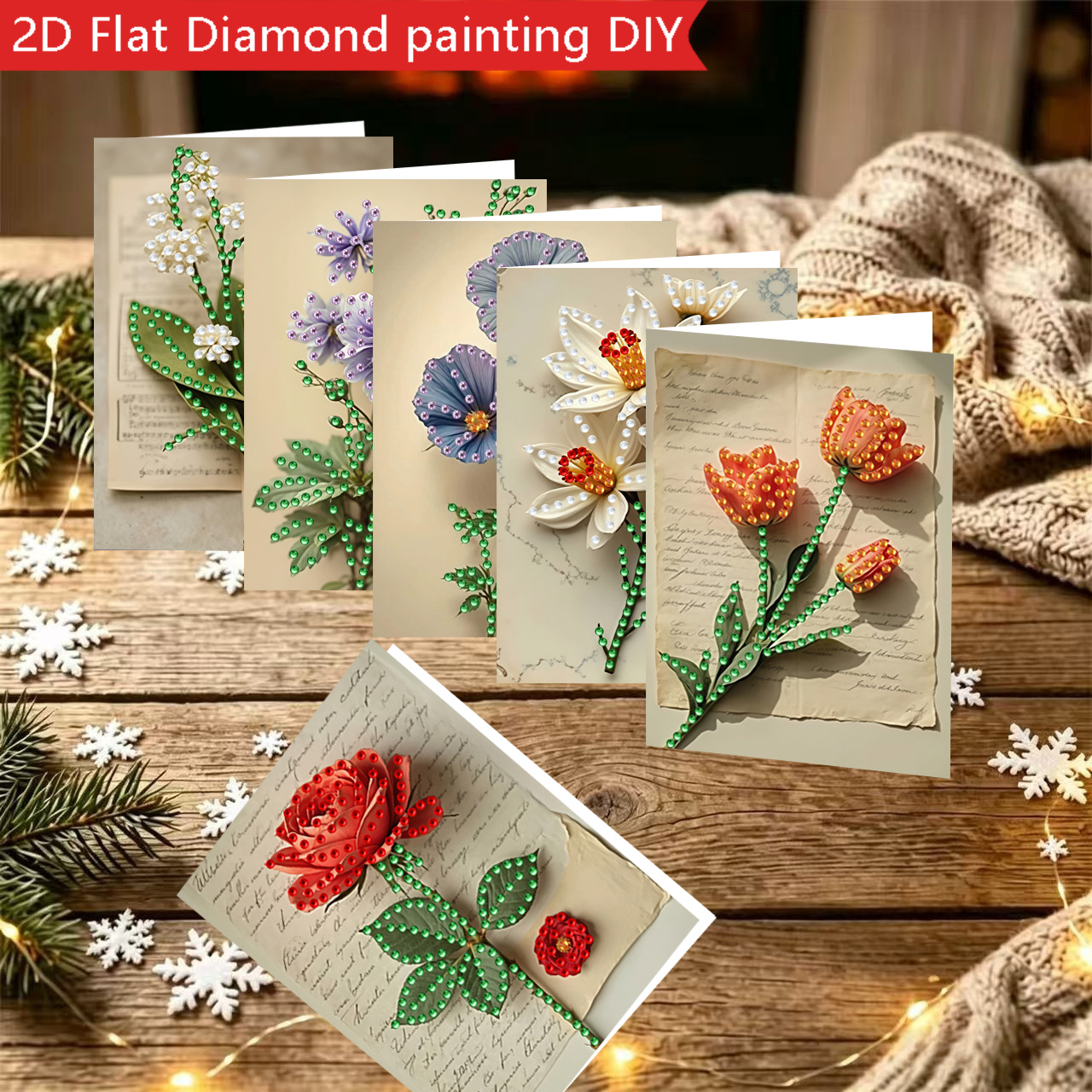 TEMU New 6pcs 2d Flat Printing Retro Floral Series Diamond Painting Greeting Card Set, Irregular Crystal Shaped Diamonds, Design. Round Rhinestone