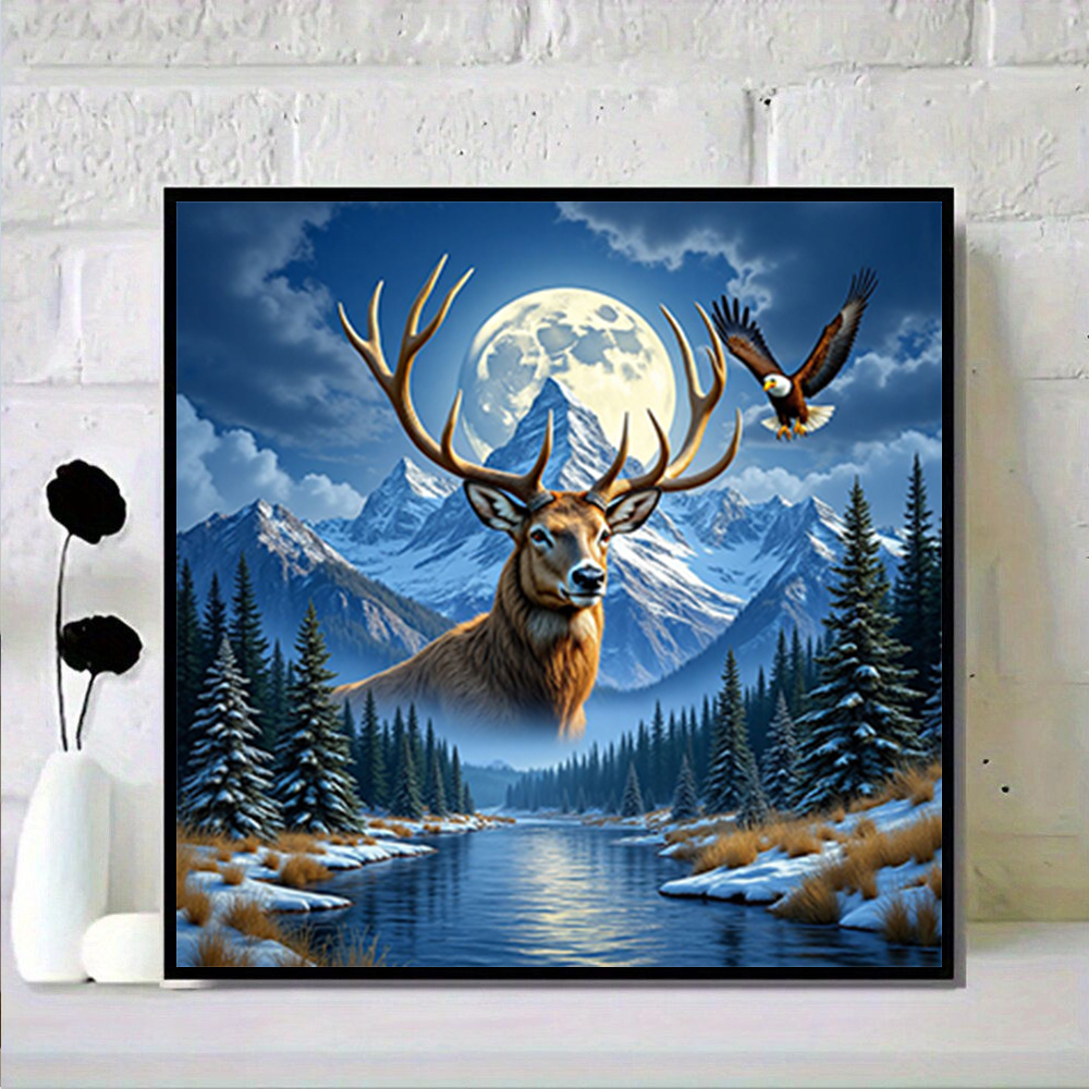 TEMU Winter Forest Stag And Flying Eagle Pattern 5d Diy Diamond Painting Kit, Painting, , New, Wall Decor, Round Diamonds, Frameless, Holiday Gift,