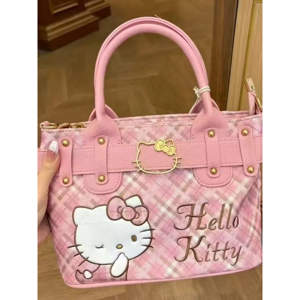 TEMU Women's Retro Hello Kitty Pu Handbag & Crossbody Bag With Detachable Strap - Pink Plaid Shoulder Purse, Gift Suitable For, Travel, Birthday