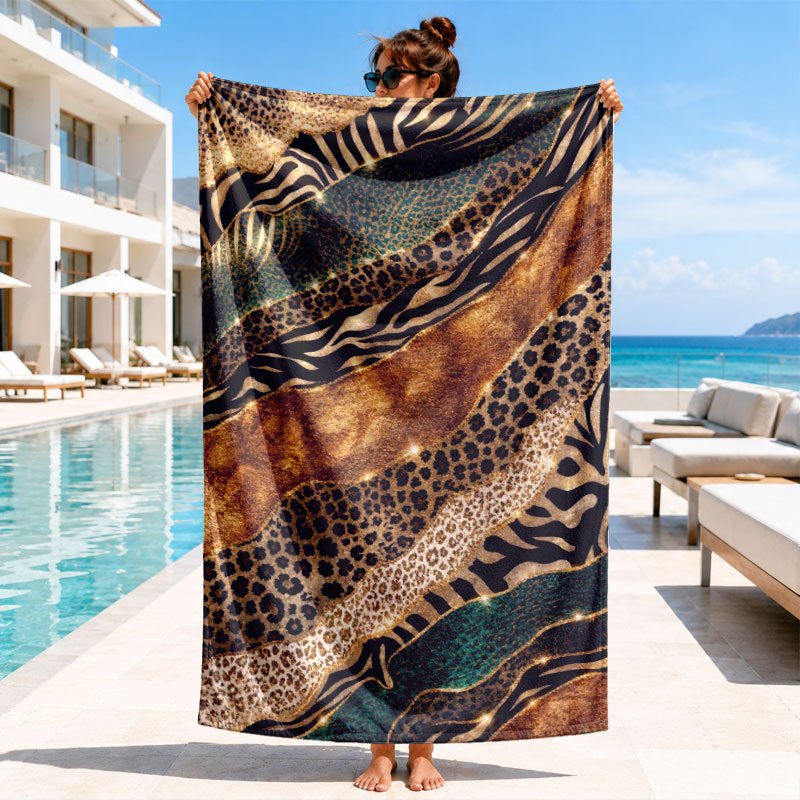 1 kos zlato rjava brisača za plažo iz mikrovlaken z leopardjim in zebrinim vzorcem, primerna za plavanje, potovanja - hitro sušeča, lahka,