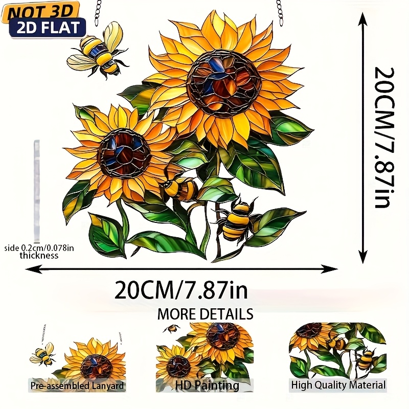 TEMU 2D Flat - Ein 2D-Sonnenfänger aus Acryl mit Sonnenblumen- und Bienen-Design, als Geschenk für Freunde und Familie im Frühling, geeignet zum