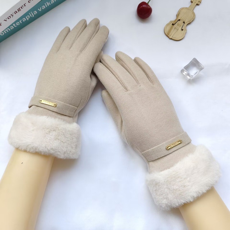 Light Luxury Metal Label Plush Faux Warm Gloves