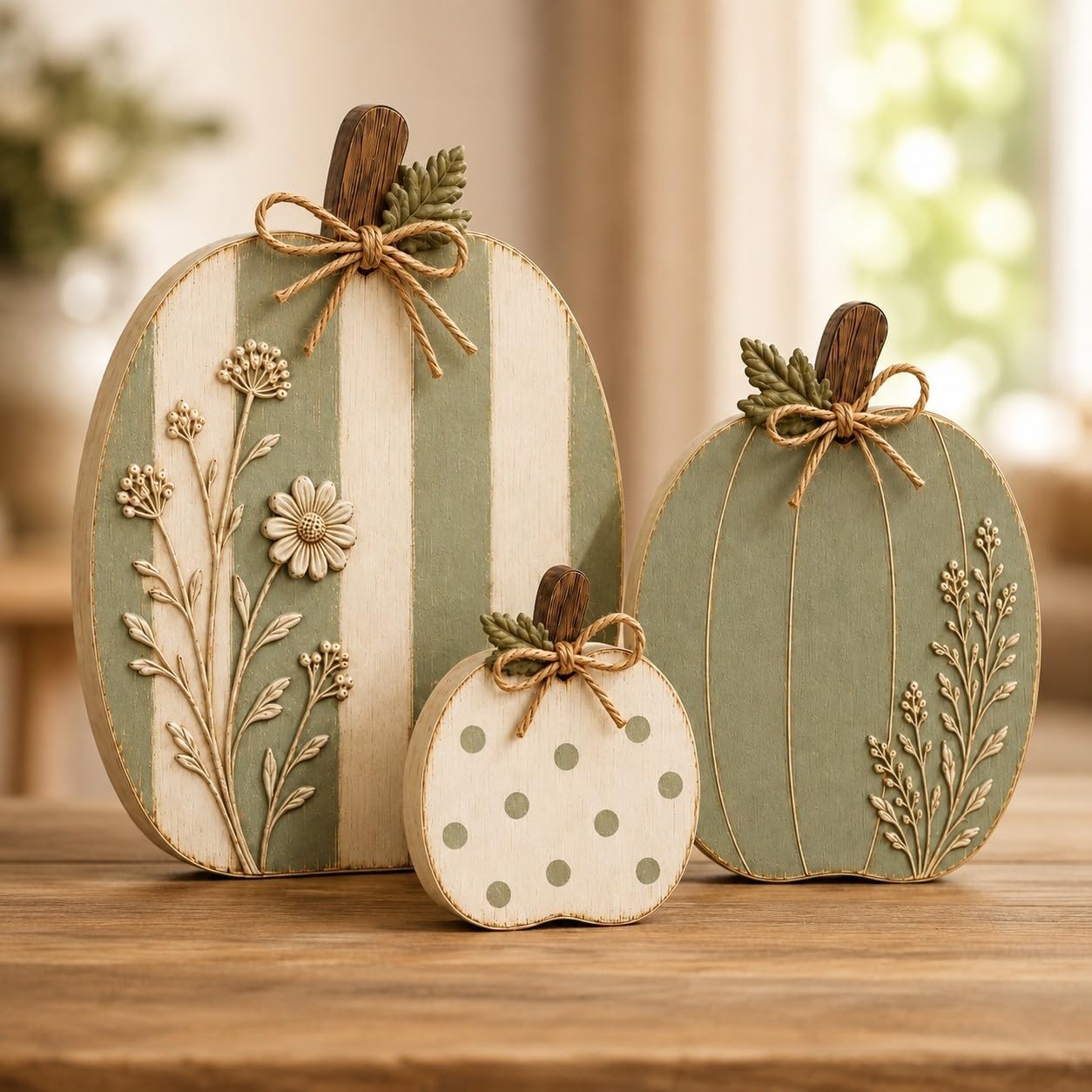 TEMU Pumpkin Three-piece Set, Sage Cream-colored Raised Design, Autumn Farmhouse Style Layered Tray Centerpiece, Suitable For Dining Tables, Shelves,