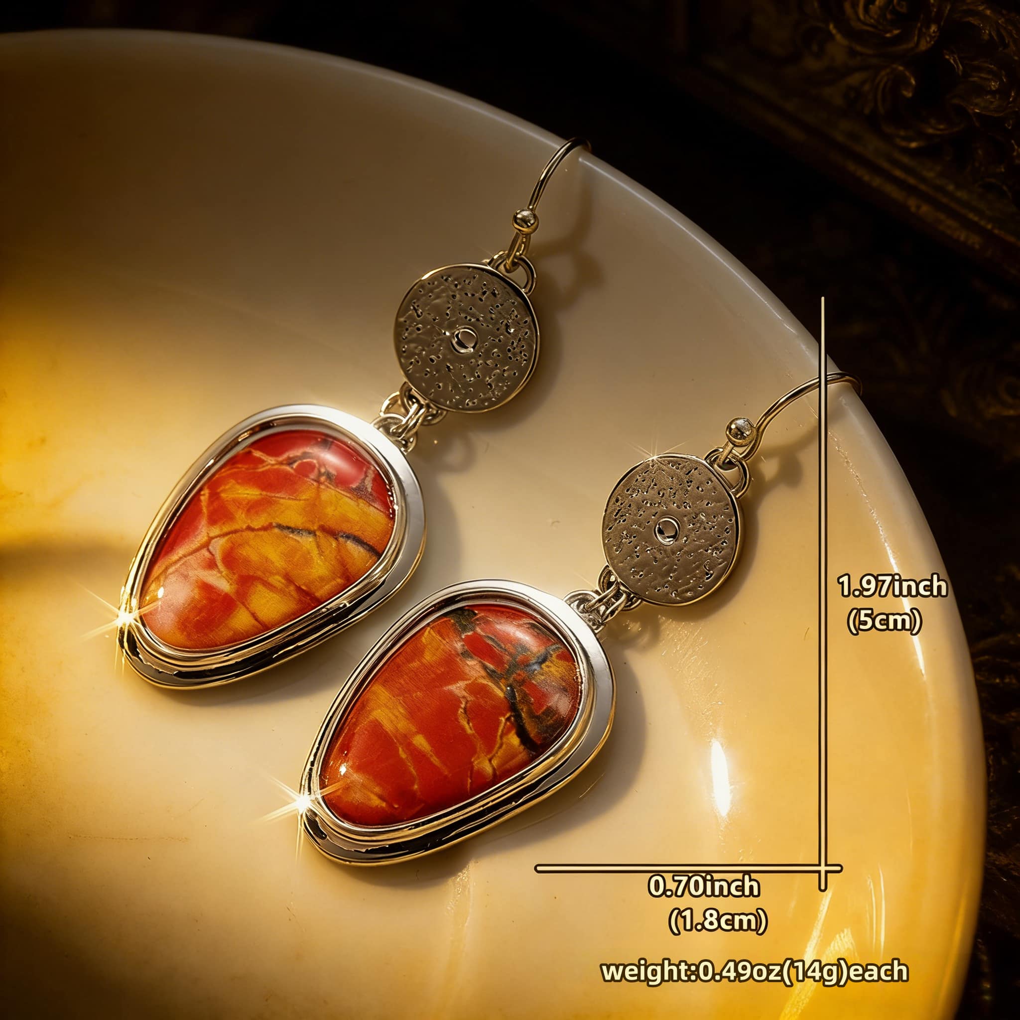 Vintage Copper Carved Earrings, Bohemian Faux Stone Drop Earrings