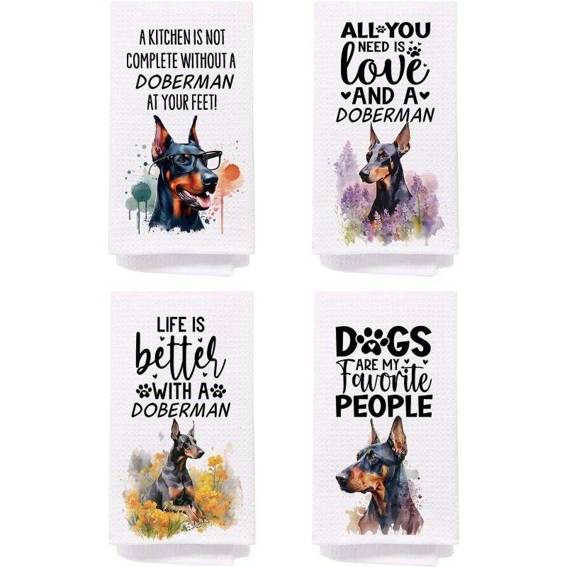 

4-pack Doberman Themed Kitchen Towels, 26x18 Inch Super Polyester, Contemporary Fantasy Style, Machine Washable Decorative Hand Towels For Dog Lovers