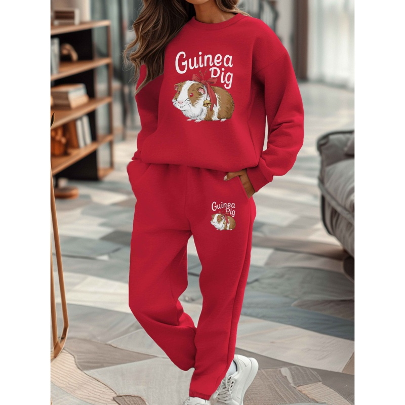 

Cozy Cartoon Guinea Pig Women's Sweatshirt & Joggers Set - Polyester, Non-stretch, Machine Washable - Casual Fall/