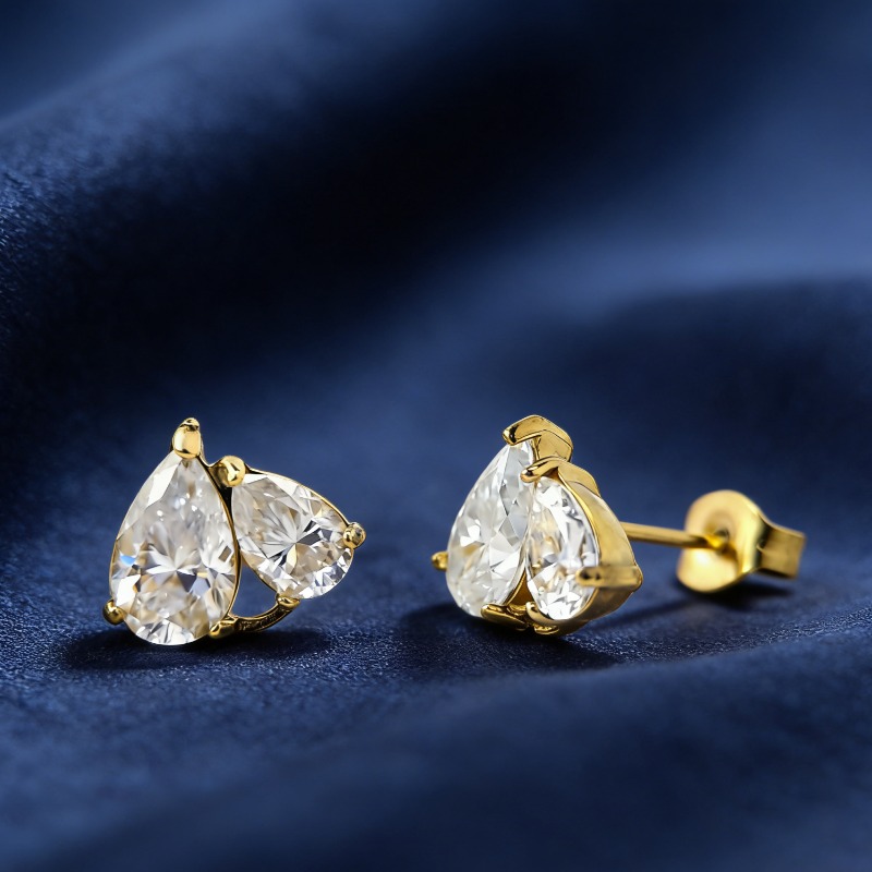 Women's 2.0 Carat Golden Stainless Steel Double Teardrop Moissanite Stud Earrings